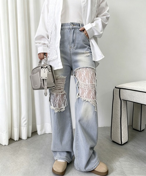 Miniministore（ミニミニストア）の「レースダメージデニムパンツ ワイドパンツ（デニムパンツ・レディース・サックスブルー・M/XL/L）」の8枚目の写真