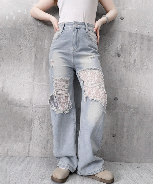 Miniministore（ミニミニストア）の「レースダメージデニムパンツ ワイドパンツ（デニムパンツ・レディース・サックスブルー・M/XL/L）」の9枚目の写真