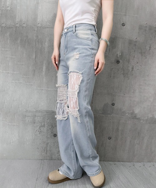 Miniministore（ミニミニストア）の「レースダメージデニムパンツ ワイドパンツ（デニムパンツ・レディース・サックスブルー・M/XL/L）」の10枚目の写真