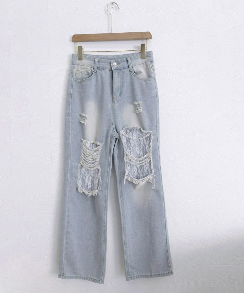 Miniministore（ミニミニストア）の「レースダメージデニムパンツ ワイドパンツ（デニムパンツ・レディース・サックスブルー・M/XL/L）」の2枚目の写真