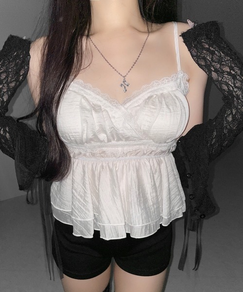 me+em select(ミームセレクト)の「【 2color 】レースフリルペプラムキャミソール / lace frill peplum camisole(キャミソール・レディース・ホワイト/ブラック・FREE)」の14枚目の写真