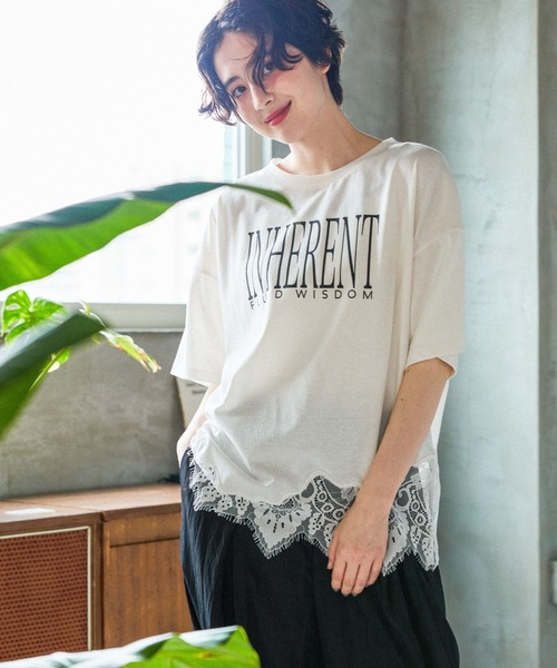 niko and...(ニコアンド)の「裾レースプリントアソートTシャツ(Tシャツ/カットソー・レディース・オフホワイト/イエロー/ブラック/チャコール・MEDIUM/LARGE)」の1枚目の写真
