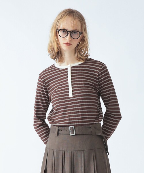 Ray BEAMS(レイビームス)の「RIB ボーダー ヘンリーネック Tシャツ(Tシャツ/カットソー・レディース・ダークブラウン/オフホワイト/ライトグレー・ONE SIZE)」の17枚目の写真