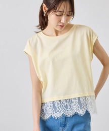 レースドッキングフレンチスリーブトップス/UVカット・接触冷感・汗染み防止