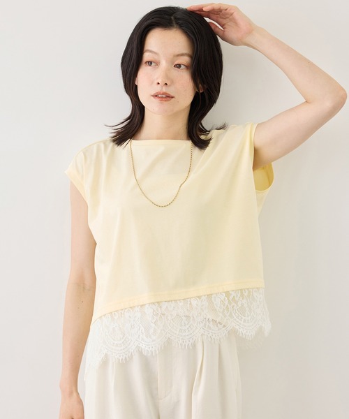 ROPE' PICNIC(ロペピクニック)の「レースドッキングフレンチスリーブトップス/UVカット・接触冷感・汗染み防止(Tシャツ/カットソー・レディース・ホワイト/ブラック/クリーム/サックスブルー・FREE)」の3枚目の写真