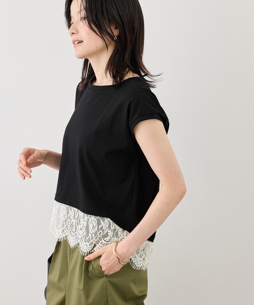 ROPE' PICNIC(ロペピクニック)の「レースドッキングフレンチスリーブトップス/UVカット・接触冷感・汗染み防止(Tシャツ/カットソー・レディース・ホワイト/ブラック/クリーム/サックスブルー・FREE)」の1枚目の写真