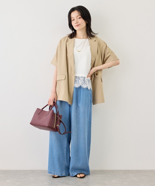 ROPE' PICNIC(ロペピクニック)の「レースドッキングフレンチスリーブトップス/UVカット・接触冷感・汗染み防止(Tシャツ/カットソー・レディース・ホワイト/ブラック/クリーム/サックスブルー・FREE)」の5枚目の写真