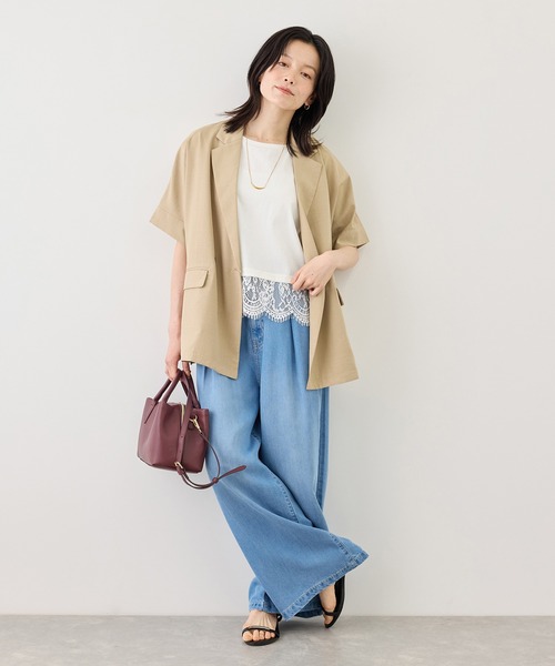 ROPE' PICNIC(ロペピクニック)の「レースドッキングフレンチスリーブトップス/UVカット・接触冷感・汗染み防止(Tシャツ/カットソー・レディース・ホワイト/ブラック/クリーム/サックスブルー・FREE)」の6枚目の写真