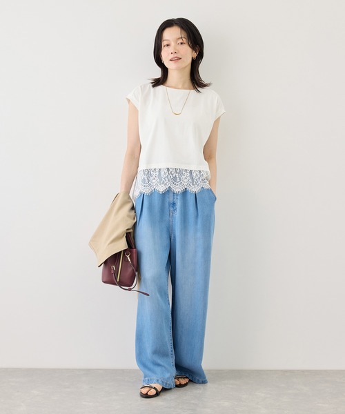 ROPE' PICNIC(ロペピクニック)の「レースドッキングフレンチスリーブトップス/UVカット・接触冷感・汗染み防止(Tシャツ/カットソー・レディース・ホワイト/ブラック/クリーム/サックスブルー・FREE)」の7枚目の写真