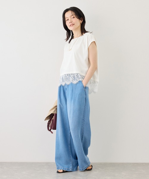 ROPE' PICNIC(ロペピクニック)の「レースドッキングフレンチスリーブトップス/UVカット・接触冷感・汗染み防止(Tシャツ/カットソー・レディース・ホワイト/ブラック/クリーム/サックスブルー・FREE)」の8枚目の写真
