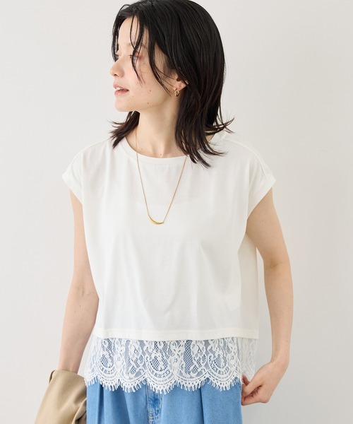 ROPE' PICNIC(ロペピクニック)の「レースドッキングフレンチスリーブトップス/UVカット・接触冷感・汗染み防止(Tシャツ/カットソー・レディース・ホワイト/ブラック/クリーム/サックスブルー・FREE)」の11枚目の写真