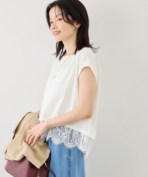 ROPE' PICNIC(ロペピクニック)の「レースドッキングフレンチスリーブトップス/UVカット・接触冷感・汗染み防止(Tシャツ/カットソー・レディース・ホワイト/ブラック/クリーム/サックスブルー・FREE)」の12枚目の写真