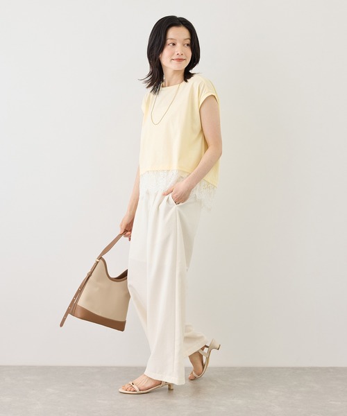 ROPE' PICNIC(ロペピクニック)の「レースドッキングフレンチスリーブトップス/UVカット・接触冷感・汗染み防止(Tシャツ/カットソー・レディース・ホワイト/ブラック/クリーム/サックスブルー・FREE)」の22枚目の写真