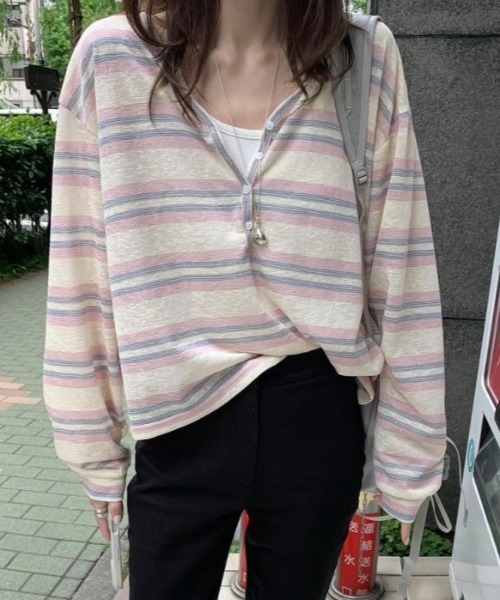 FLINEA（フリネア）の「ストライプ配色長袖Tシャツ（Tシャツ/カットソー・レディース・イエロー/ブルー/ピンク・FREE）」の3枚目の写真