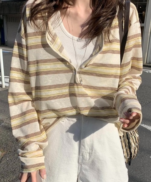 FLINEA（フリネア）の「ストライプ配色長袖Tシャツ（Tシャツ/カットソー・レディース・イエロー/ブルー/ピンク・FREE）」の2枚目の写真
