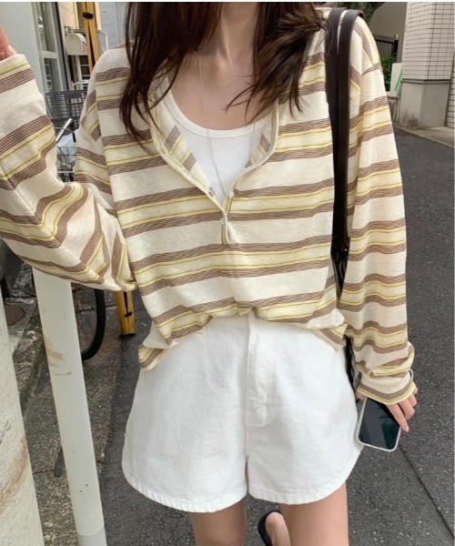 FLINEA（フリネア）の「ストライプ配色長袖Tシャツ（Tシャツ/カットソー・レディース・イエロー/ブルー/ピンク・FREE）」の5枚目の写真