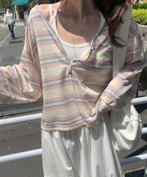 FLINEA（フリネア）の「ストライプ配色長袖Tシャツ（Tシャツ/カットソー・レディース・イエロー/ブルー/ピンク・FREE）」の9枚目の写真