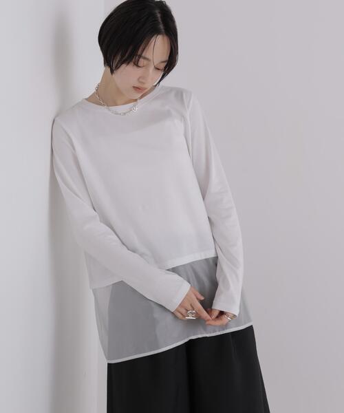 NANO universe(ナノユニバース)の「オーガンジーヘム切り替えロングスリーブTシャツ(Tシャツ/カットソー・レディース・ダークベージュ/ホワイト/ブラック・FREE)」の2枚目の写真