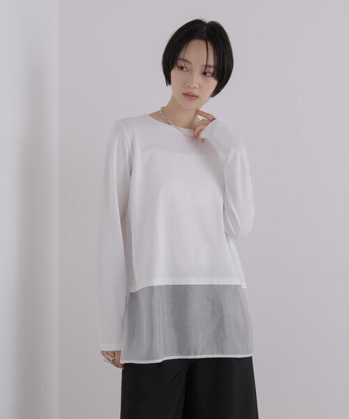 NANO universe(ナノユニバース)の「オーガンジーヘム切り替えロングスリーブTシャツ(Tシャツ/カットソー・レディース・ダークベージュ/ホワイト/ブラック・FREE)」の14枚目の写真