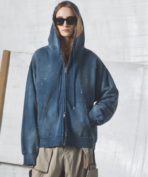 MAISON SPECIAL（メゾンスペシャル）の「《UNISEX》Destroy Damage Prime-Over Zip-Up Hoodie/デストロイダメージプライムオーバースウェットZIPパーカー【MAISON SPECIAL/メゾンスペシャル】■セットアップ対応■（パーカー・メンズ・ネイビー/ブラック/グレー/パープル・0/2/1）」の3枚目の写真