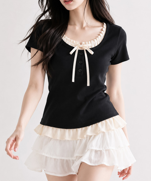 NinaetLina（ニナエリナ）の「バレエコアヘンリーネックTシャツ（Tシャツ/カットソー・レディース・グレー/ホワイト/ブラック・FREE）」の2枚目の写真