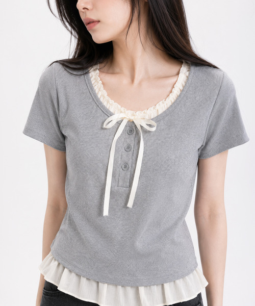 NinaetLina（ニナエリナ）の「バレエコアヘンリーネックTシャツ（Tシャツ/カットソー・レディース・グレー/ホワイト/ブラック・FREE）」の13枚目の写真