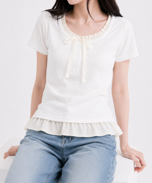 NinaetLina（ニナエリナ）の「バレエコアヘンリーネックTシャツ（Tシャツ/カットソー・レディース・グレー/ホワイト/ブラック・FREE）」の5枚目の写真