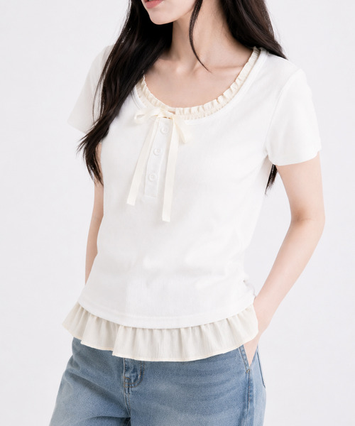 NinaetLina（ニナエリナ）の「バレエコアヘンリーネックTシャツ（Tシャツ/カットソー・レディース・グレー/ホワイト/ブラック・FREE）」の6枚目の写真