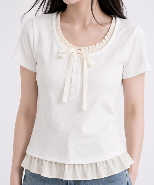 NinaetLina（ニナエリナ）の「バレエコアヘンリーネックTシャツ（Tシャツ/カットソー・レディース・グレー/ホワイト/ブラック・FREE）」の8枚目の写真