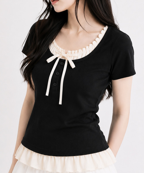 NinaetLina（ニナエリナ）の「バレエコアヘンリーネックTシャツ（Tシャツ/カットソー・レディース・グレー/ホワイト/ブラック・FREE）」の11枚目の写真
