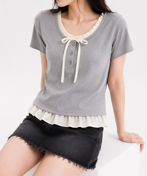 NinaetLina（ニナエリナ）の「バレエコアヘンリーネックTシャツ（Tシャツ/カットソー・レディース・グレー/ホワイト/ブラック・FREE）」の14枚目の写真