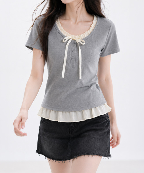 NinaetLina（ニナエリナ）の「バレエコアヘンリーネックTシャツ（Tシャツ/カットソー・レディース・グレー/ホワイト/ブラック・FREE）」の15枚目の写真