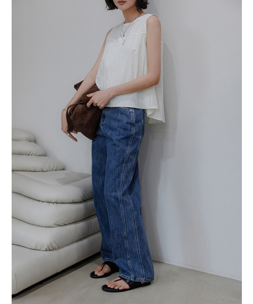 MEMUA(メムア)の「スラブデミジウォッシング切り替えナチュラルデニム(デニムパンツ・レディース・ダークブルー/ライトブルー・SMALL/LARGE/MEDIUM)」の4枚目の写真