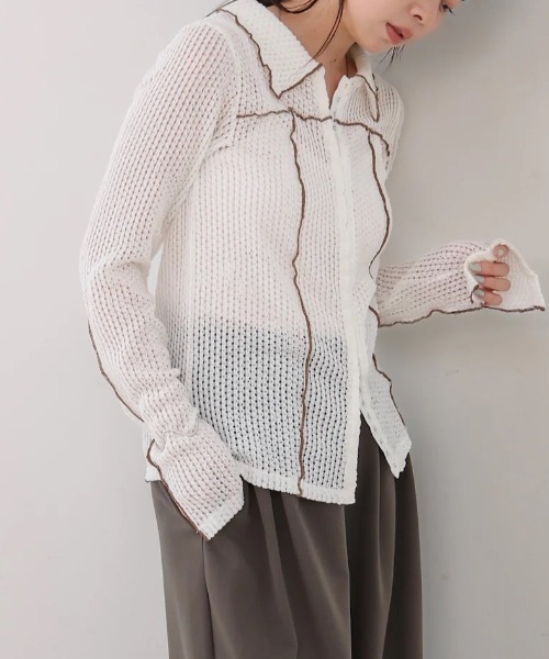Bab(バブ)の「ウェーブメロウホックシャツトップス(Tシャツ/カットソー・レディース・ブラウン/チャコールグレー/アイボリー・FREE)」の4枚目の写真