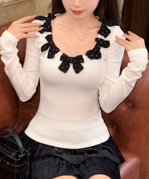 AsheKsha（アシクシャ）の「ドット柄リボンVネックフィット長袖トップス（Tシャツ/カットソー・レディース・ホワイト/ブラック・M）」の11枚目の写真