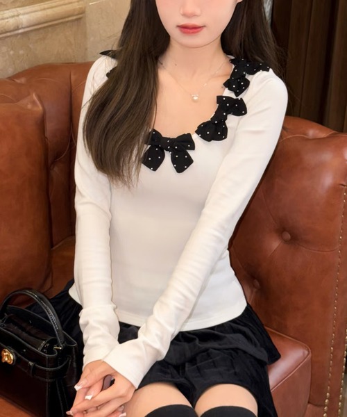 AsheKsha（アシクシャ）の「ドット柄リボンVネックフィット長袖トップス（Tシャツ/カットソー・レディース・ホワイト/ブラック・M）」の12枚目の写真
