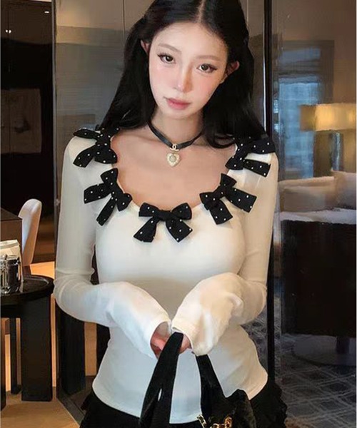 AsheKsha（アシクシャ）の「ドット柄リボンVネックフィット長袖トップス（Tシャツ/カットソー・レディース・ホワイト/ブラック・M）」の15枚目の写真