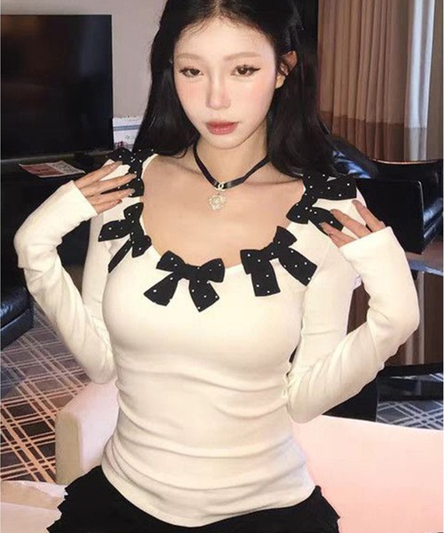 AsheKsha（アシクシャ）の「ドット柄リボンVネックフィット長袖トップス（Tシャツ/カットソー・レディース・ホワイト/ブラック・M）」の16枚目の写真
