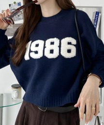 ナンバーロゴ刺繍 ドロップショルダー クルーネック ニット