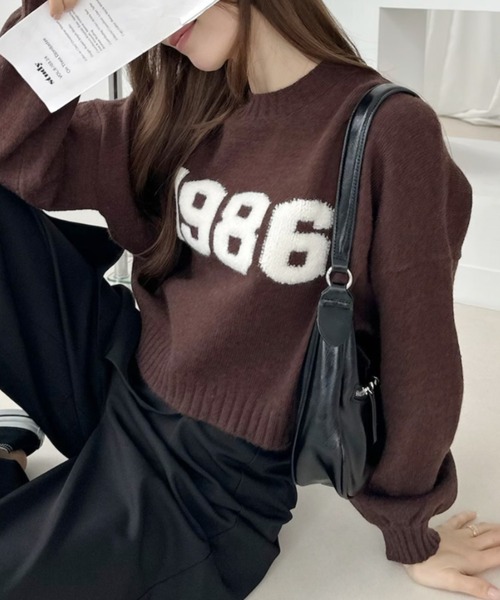 Ada.(エイダ)の「ナンバーロゴ刺繍 ドロップショルダー クルーネック ニット(ニット/セーター・レディース・ネイビー/ブラウン/グレー・FREE)」の2枚目の写真