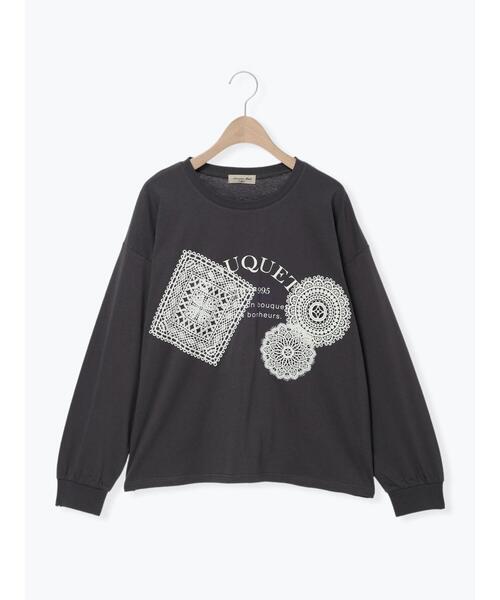 Samansa Mos2（サマンサ モスモス）の「レース付きロゴプリントロングTシャツ（Tシャツ/カットソー・レディース・クリーム/トップグレー/チャコールグレー・F）」の2枚目の写真