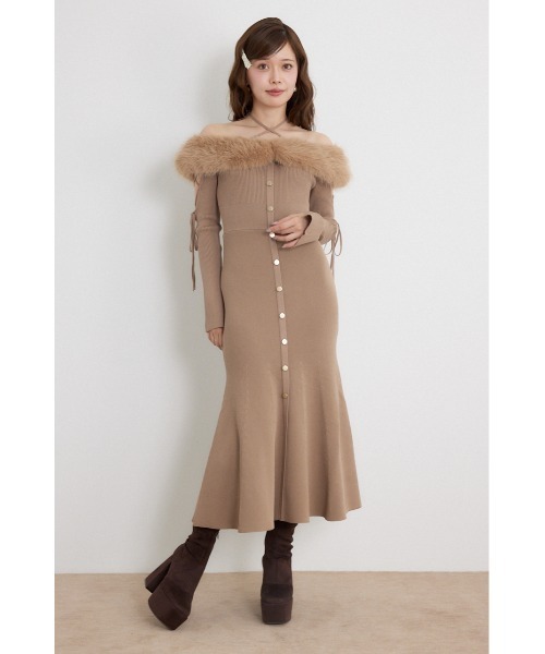 rienda(リエンダ)の「フェイクファードッキングオープンスリーブワンピース 秋服 冬服(ワンピース・レディース・ピンク/ライトブラック/キャメル・FREE)」の1枚目の写真
