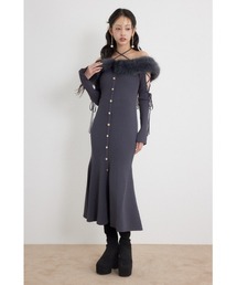 フェイクファードッキングオープンスリーブワンピース 秋服 冬服