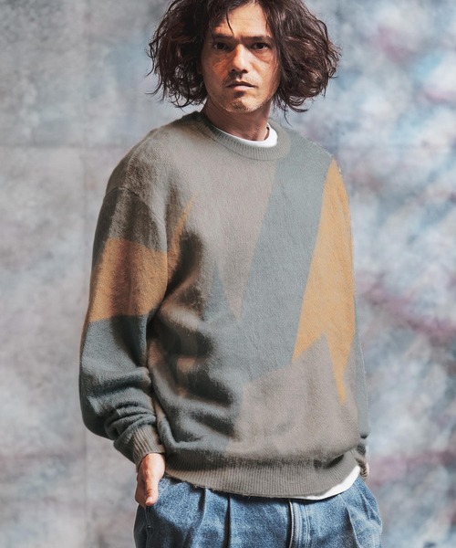 GLIMCLAP（グリムクラップ）の「mn3308-Faux Mohair Color-Block Knit Sweater ニット(212-045-gla-cg)（ニット/セーター・メンズ・チャコール/ライトグレー/ブラック/キナリ・L/M/S）」の19枚目の写真