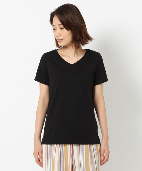 laboratory work(ラボラトリーワーク)の「シンプルVネック コットンTシャツ(Tシャツ/カットソー・レディース・オフホワイト/ブラック/グリーン・MEDIUM)」の7枚目の写真