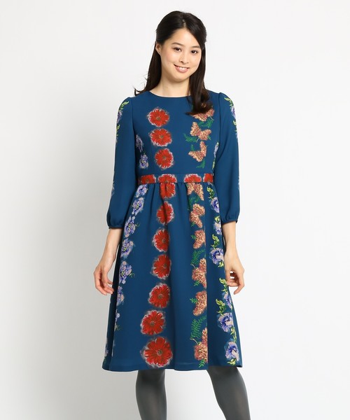 Sunauna(スーナウーナ)の「【洗える】ラインフラワープリントワンピース(ワンピース・レディース・ネイビー/グレー・38)」の3枚目の写真