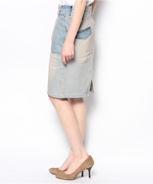 alcali（アルカリ）の「ブリーチ加工＋オーバーダイデニム　濃淡コクーンデニムスカート（スカート・レディース・ブルー/ライトブルー・3/2）」の11枚目の写真