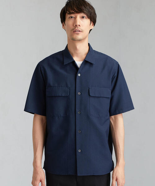 【green label relaxing】半袖シャツ バンドカラー ネイビー green label relaxing シャツ ウォッシャブルトロ バンドカラー