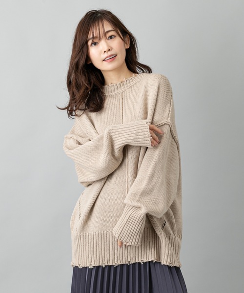 prose verse（プロズヴェール）の「センターラインダメージニット（ニット/セーター・レディース・モスグリーン/ブラック/ベージュ/ゴールド/オフホワイト/ライトベージュ/サンドベージュ・ﾌﾘ-）」の4枚目の写真