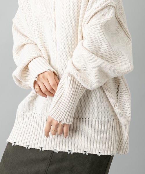 prose verse（プロズヴェール）の「センターラインダメージニット（ニット/セーター・レディース・モスグリーン/ブラック/ベージュ/ゴールド/オフホワイト/ライトベージュ/サンドベージュ・ﾌﾘ-）」の2枚目の写真